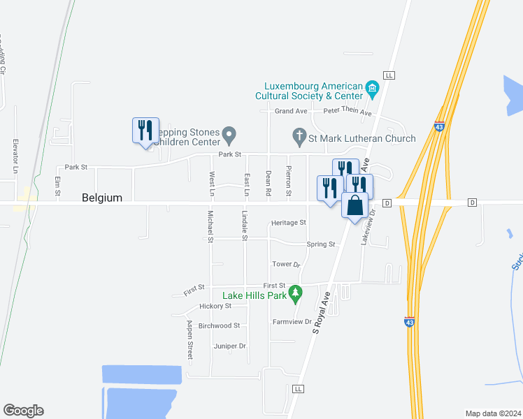 map of restaurants, bars, coffee shops, grocery stores, and more near 292 South Heritage Street in Belgium
