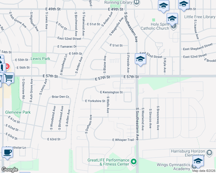 map of restaurants, bars, coffee shops, grocery stores, and more near E Kensington St in Sioux Falls