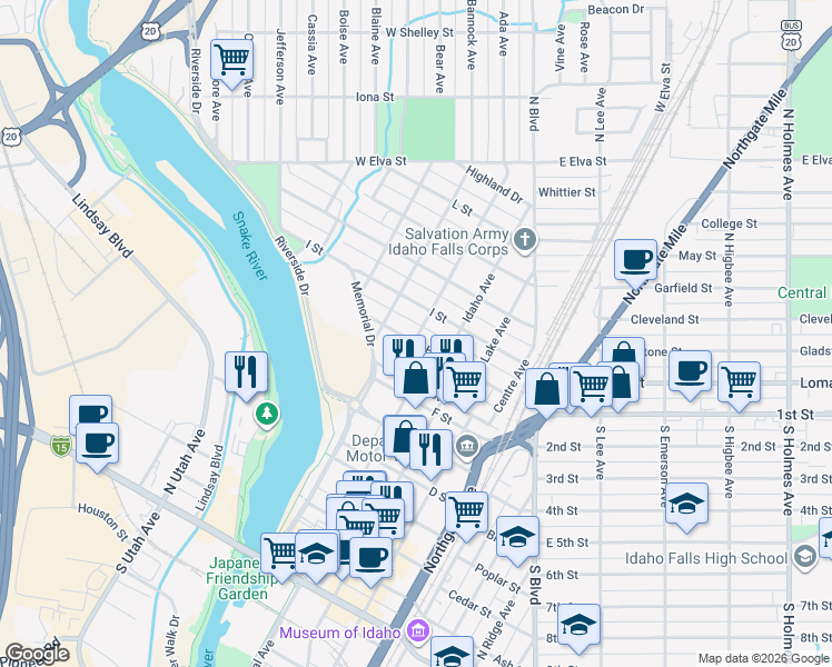map of restaurants, bars, coffee shops, grocery stores, and more near 451 H Street in Idaho Falls