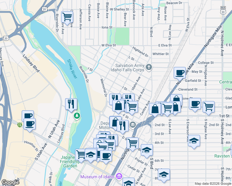 map of restaurants, bars, coffee shops, grocery stores, and more near 520 H Street in Idaho Falls