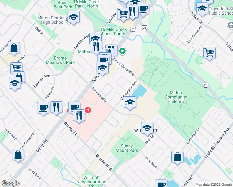 map of restaurants, bars, coffee shops, grocery stores, and more near Minto Crescent in Milton