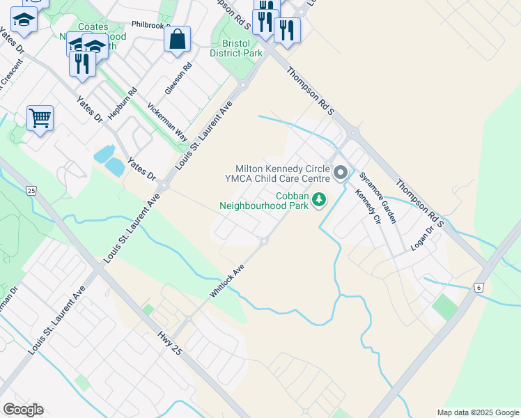map of restaurants, bars, coffee shops, grocery stores, and more near Walnut Landing in Milton