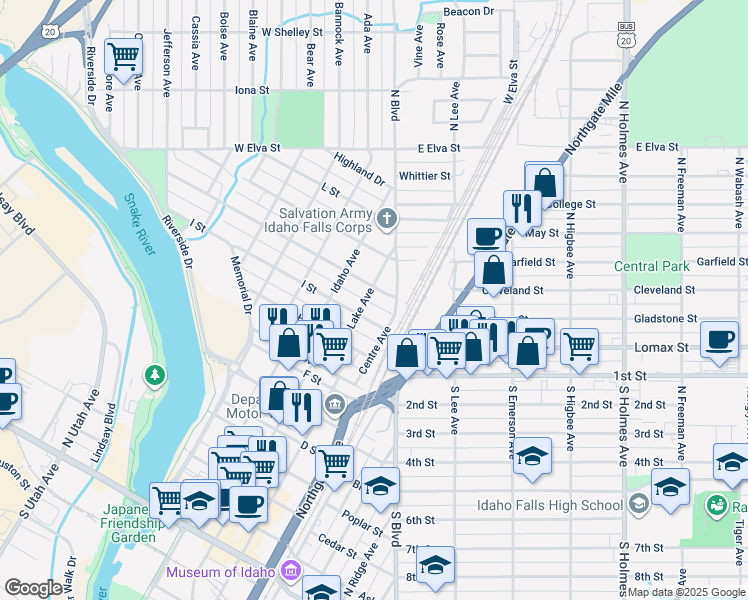 map of restaurants, bars, coffee shops, grocery stores, and more near 340 J Street in Idaho Falls