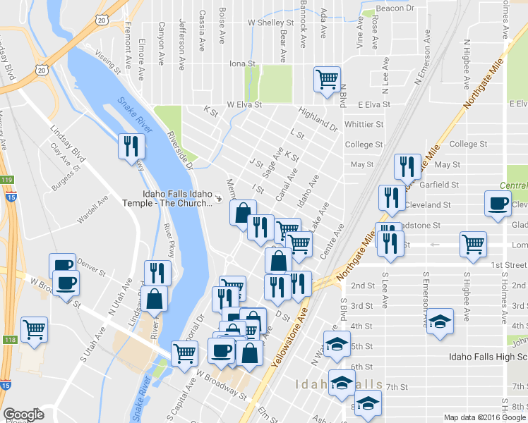 map of restaurants, bars, coffee shops, grocery stores, and more near 1205 Canal Avenue in Idaho Falls