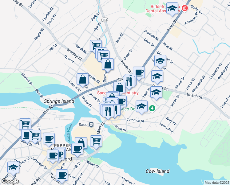map of restaurants, bars, coffee shops, grocery stores, and more near 29 Cutts Avenue in Saco