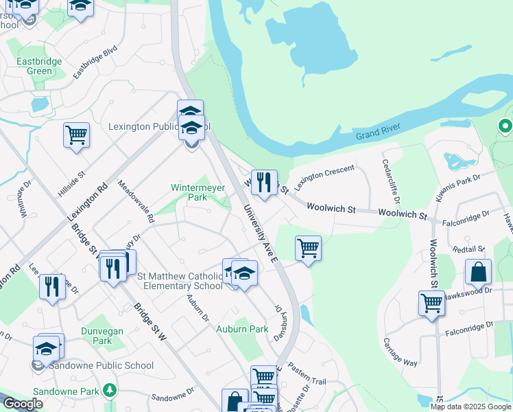 map of restaurants, bars, coffee shops, grocery stores, and more near 465 Woolwich Street in Waterloo