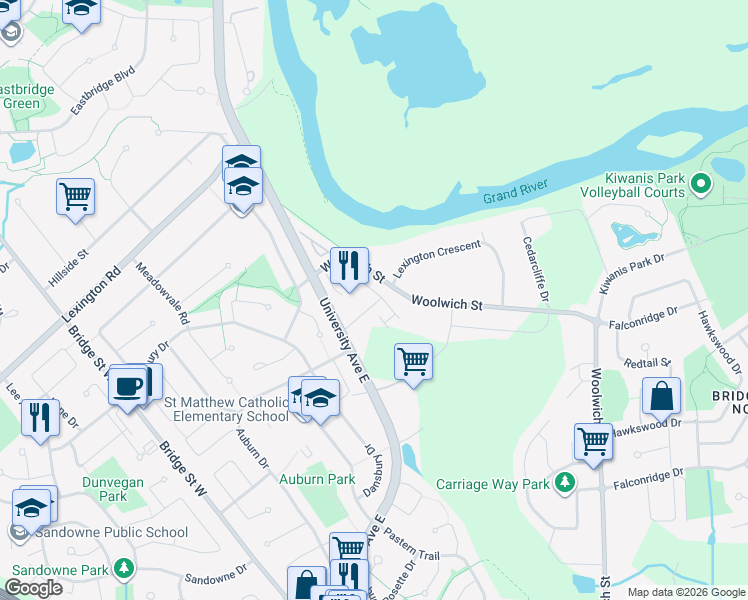 map of restaurants, bars, coffee shops, grocery stores, and more near 488 Colt Street in Waterloo
