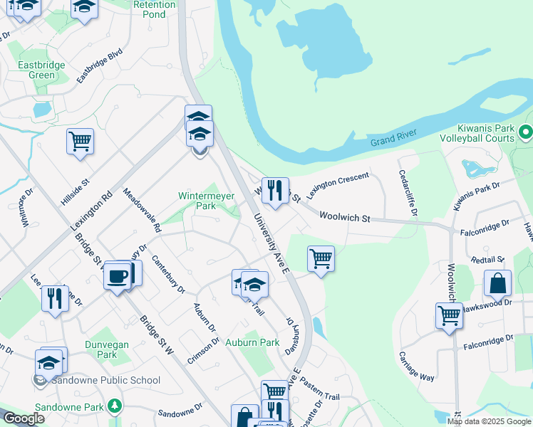 map of restaurants, bars, coffee shops, grocery stores, and more near 465 Woolwich Street in Waterloo