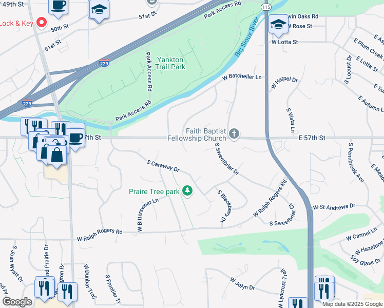 map of restaurants, bars, coffee shops, grocery stores, and more near 4800 South Yellowstone Circle in Sioux Falls