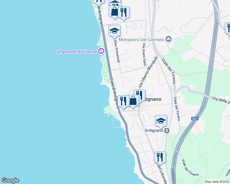 map of restaurants, bars, coffee shops, grocery stores, and more near 34 Viale di Antignano in Livorno