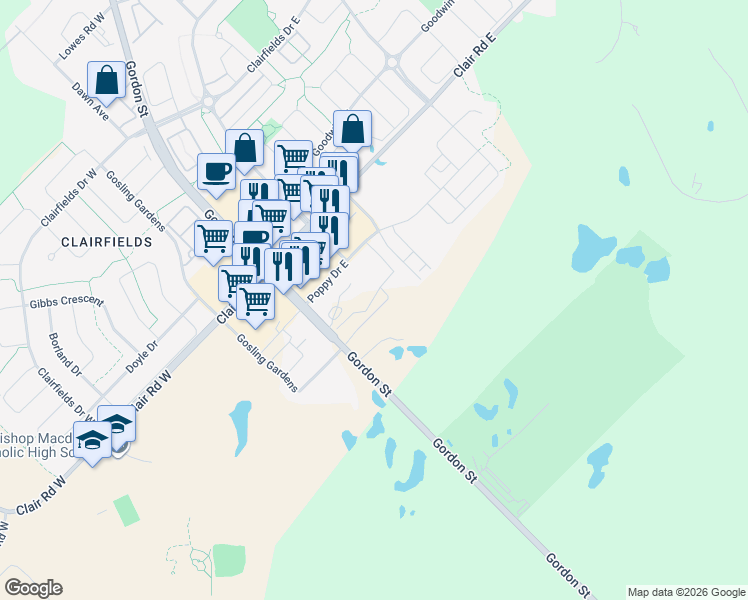 map of restaurants, bars, coffee shops, grocery stores, and more near 1880 Gordon Street in Guelph