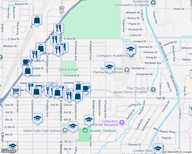 map of restaurants, bars, coffee shops, grocery stores, and more near 709 Cleveland Street in Idaho Falls