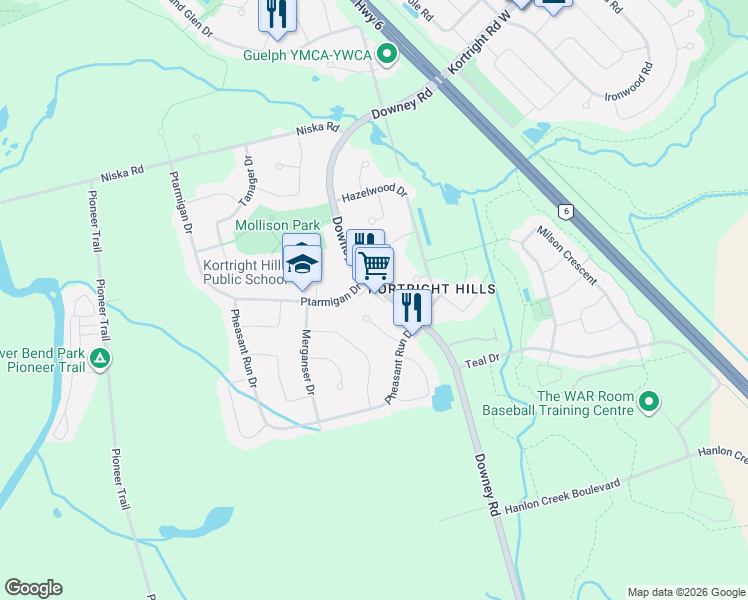 map of restaurants, bars, coffee shops, grocery stores, and more near 115 Downey Road in Guelph