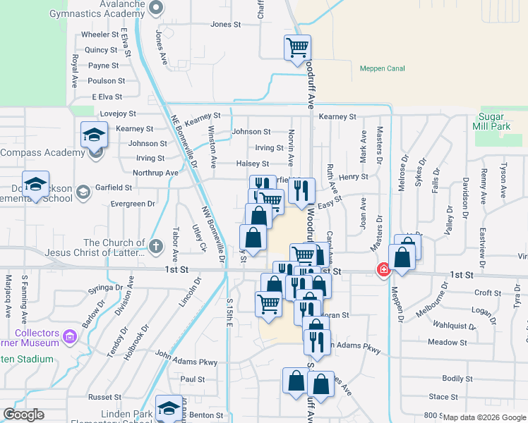 map of restaurants, bars, coffee shops, grocery stores, and more near 1813 Caribou Street in Idaho Falls