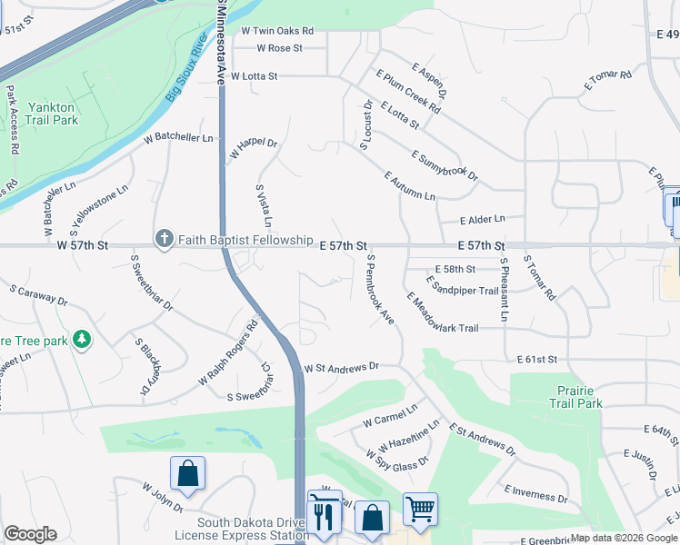 map of restaurants, bars, coffee shops, grocery stores, and more near 1 West Penmarch Place in Sioux Falls