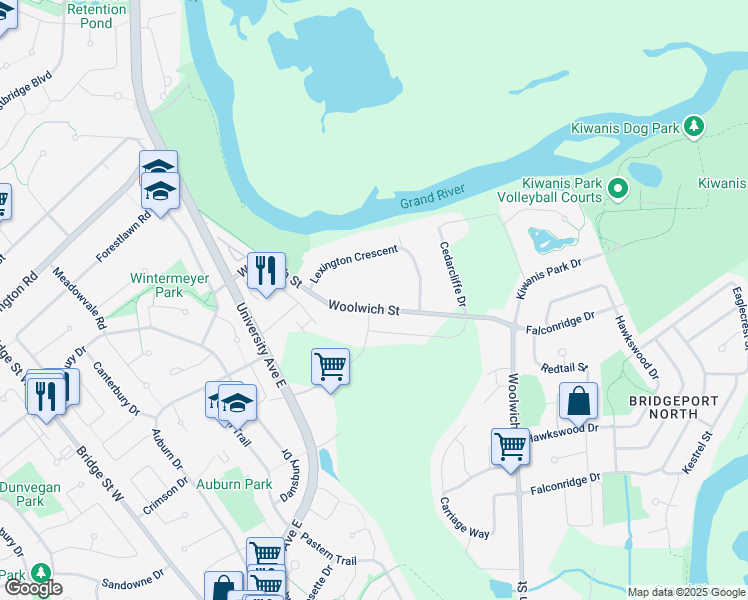 map of restaurants, bars, coffee shops, grocery stores, and more near 390 Woolwich Street North in Waterloo
