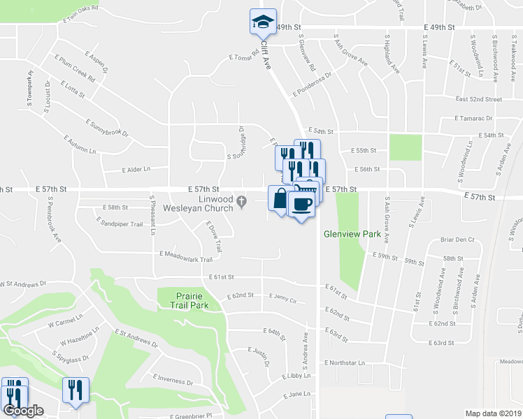 map of restaurants, bars, coffee shops, grocery stores, and more near 4901 East 57th Street in Sioux Falls