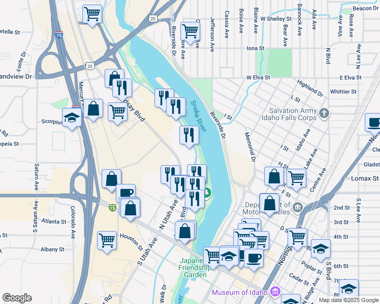 map of restaurants, bars, coffee shops, grocery stores, and more near 700 Lindsay Boulevard in Idaho Falls