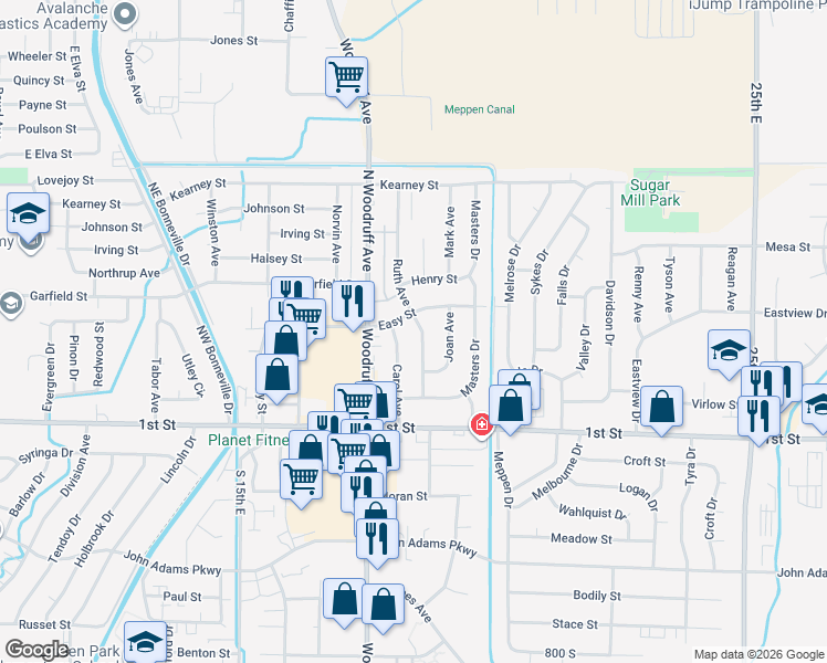 map of restaurants, bars, coffee shops, grocery stores, and more near 1811 Caribou Street in Idaho Falls