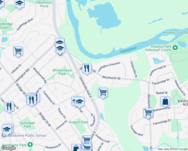 map of restaurants, bars, coffee shops, grocery stores, and more near Maverick Street in Waterloo