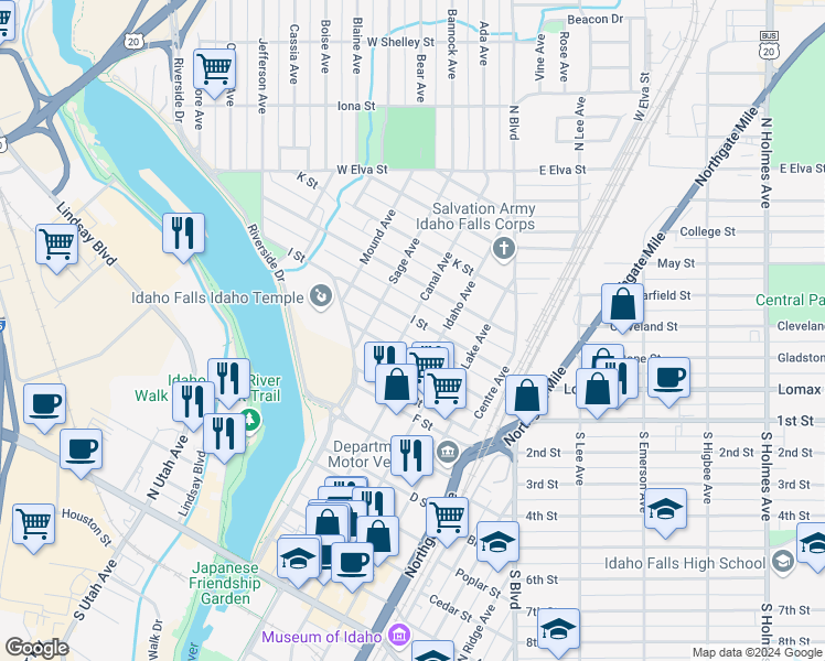 map of restaurants, bars, coffee shops, grocery stores, and more near 1198 Canal Avenue in Idaho Falls