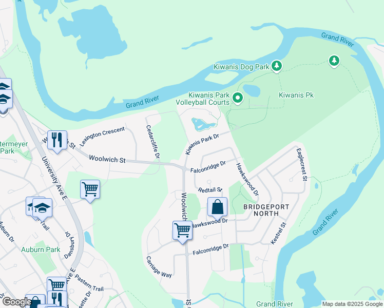 map of restaurants, bars, coffee shops, grocery stores, and more near 525 Kiwanis Park Drive in Kitchener