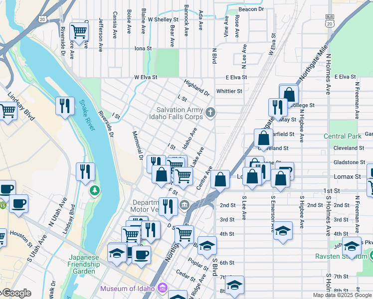 map of restaurants, bars, coffee shops, grocery stores, and more near 435 J Street in Idaho Falls
