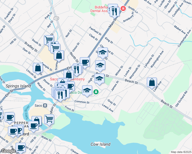 map of restaurants, bars, coffee shops, grocery stores, and more near 60 Beach Street in Saco