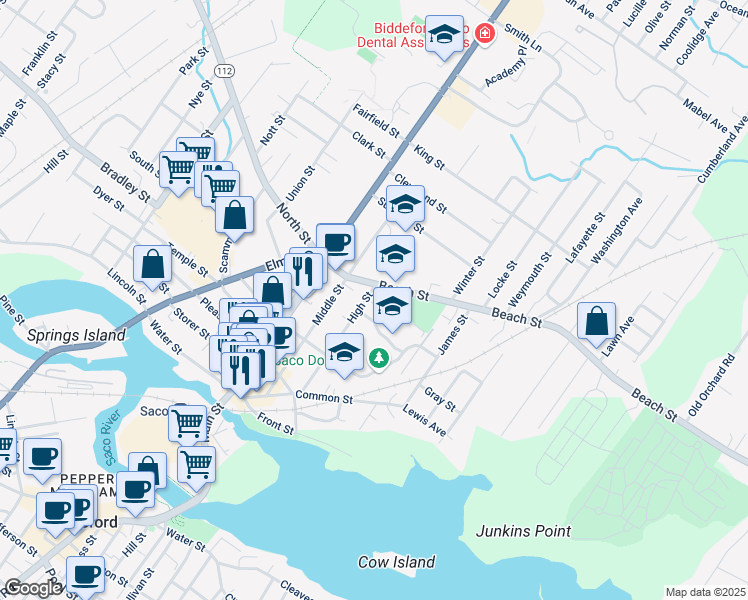 map of restaurants, bars, coffee shops, grocery stores, and more near 33 Beach Street in Saco