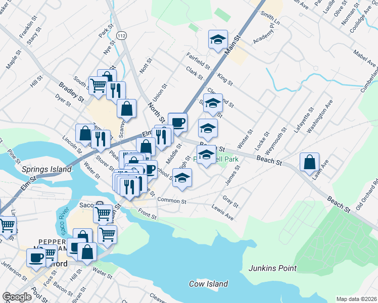 map of restaurants, bars, coffee shops, grocery stores, and more near 33 Beach Street in Saco