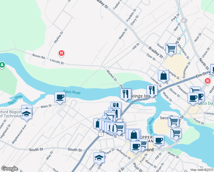 map of restaurants, bars, coffee shops, grocery stores, and more near 49 Irving Street in Saco