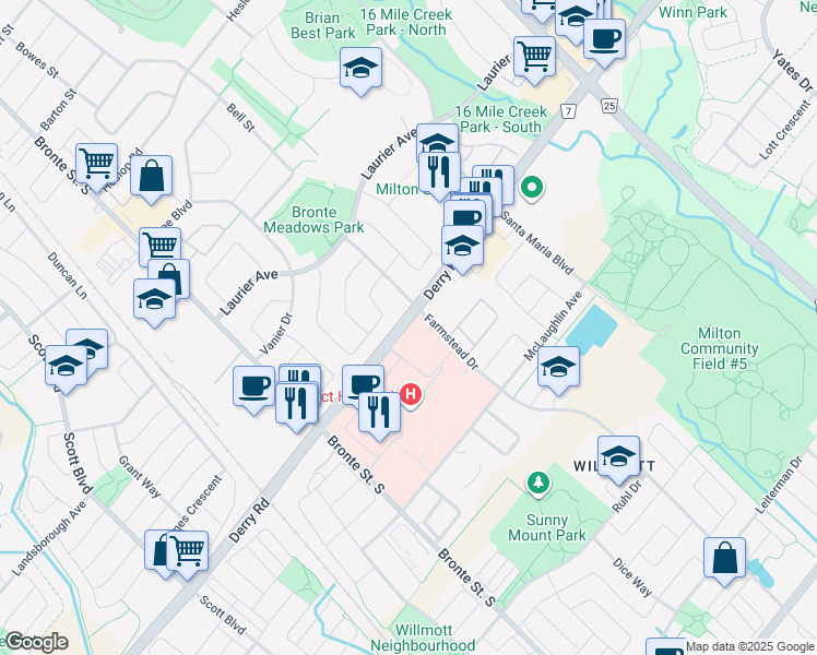map of restaurants, bars, coffee shops, grocery stores, and more near 586 Farmstead Drive in Milton