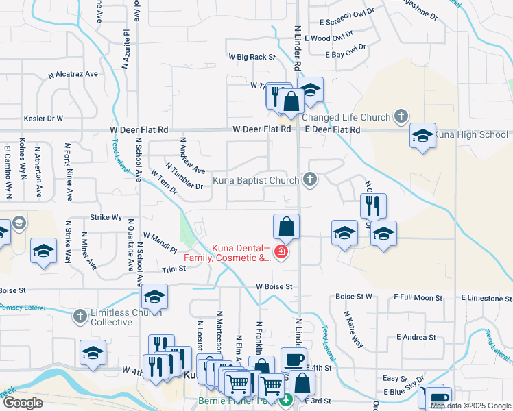 map of restaurants, bars, coffee shops, grocery stores, and more near 303 West Case Street in Kuna