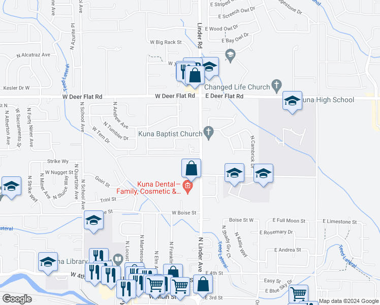 map of restaurants, bars, coffee shops, grocery stores, and more near 1141 West Art Court in Kuna