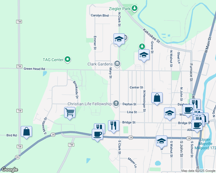 map of restaurants, bars, coffee shops, grocery stores, and more near 302 Maple Street in Mayville