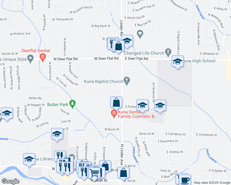 map of restaurants, bars, coffee shops, grocery stores, and more near 1143 West Art Court in Kuna