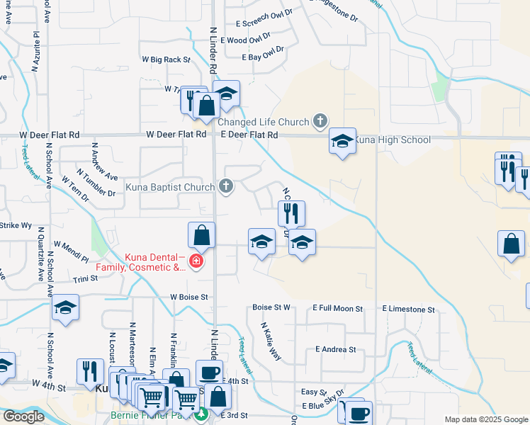 map of restaurants, bars, coffee shops, grocery stores, and more near 317 East Ivy Glade Street in Kuna