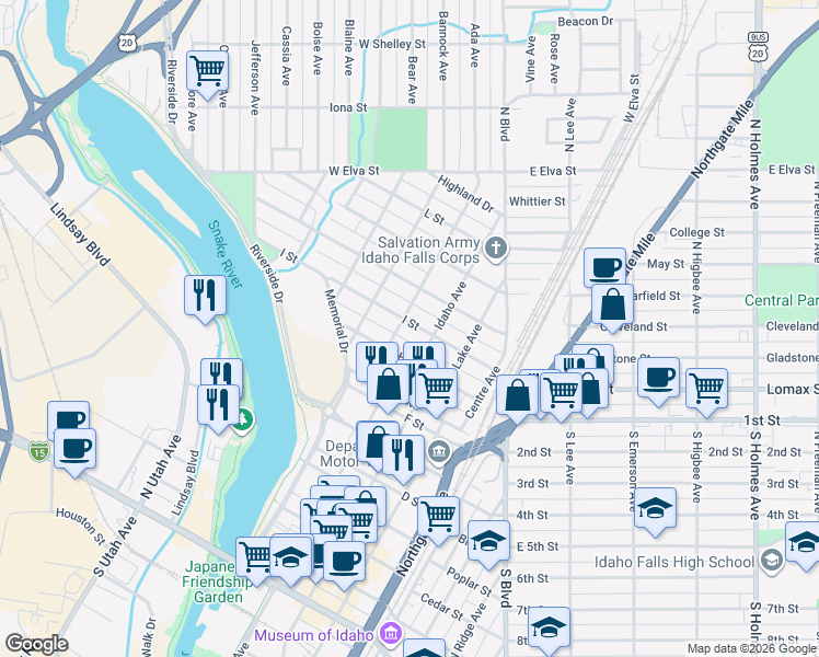 map of restaurants, bars, coffee shops, grocery stores, and more near 1205 Canal Avenue in Idaho Falls