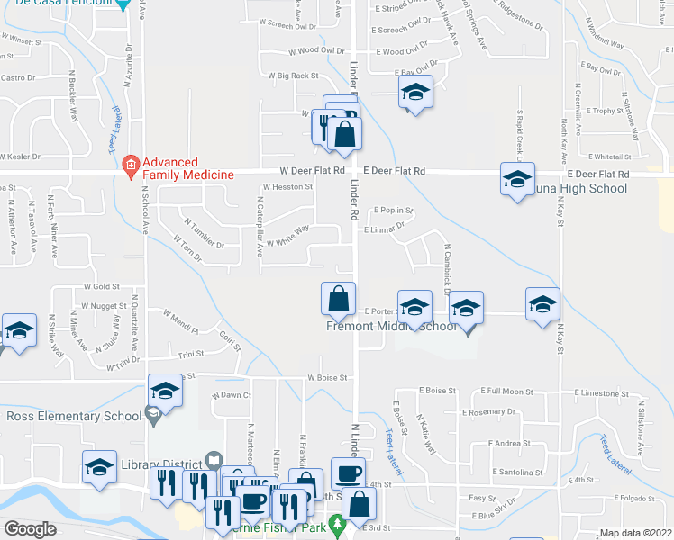 map of restaurants, bars, coffee shops, grocery stores, and more near 1145 West Art Court in Kuna