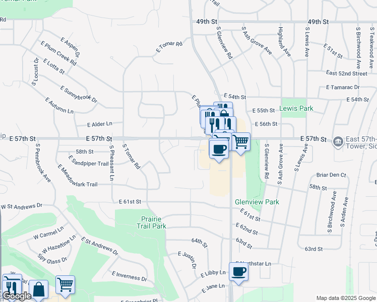 map of restaurants, bars, coffee shops, grocery stores, and more near 4901 East 57th Street in Sioux Falls