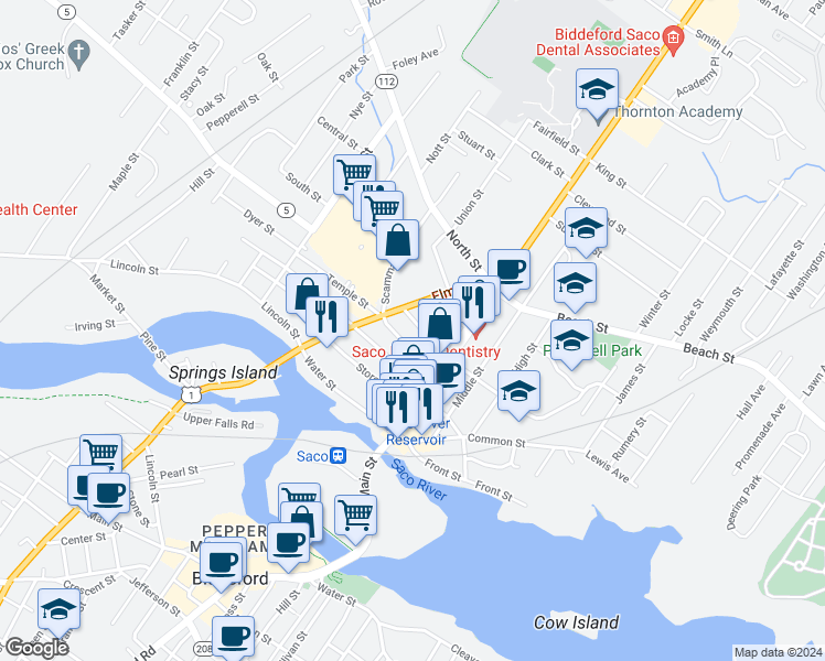 map of restaurants, bars, coffee shops, grocery stores, and more near 29 Cutts Avenue in Saco