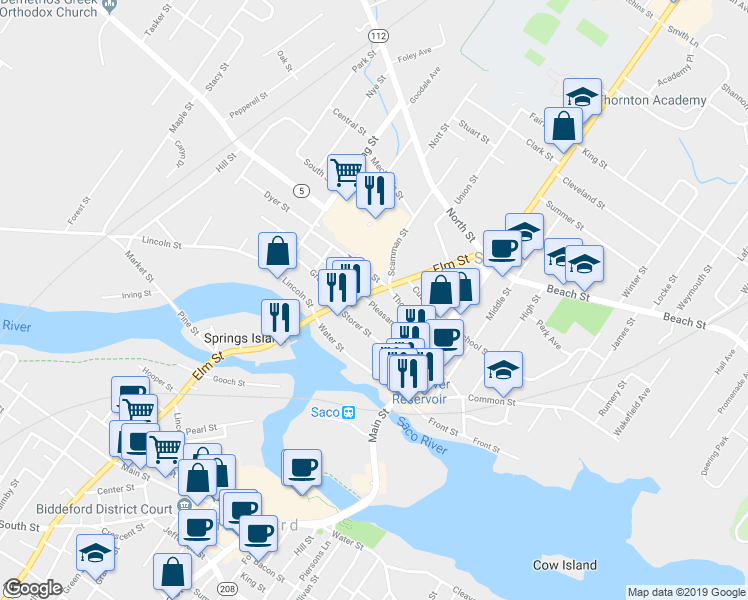 map of restaurants, bars, coffee shops, grocery stores, and more near 5 Scamman Street in Saco