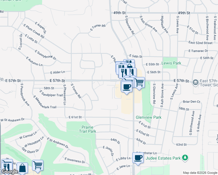 map of restaurants, bars, coffee shops, grocery stores, and more near 4901 East 57th Street in Sioux Falls