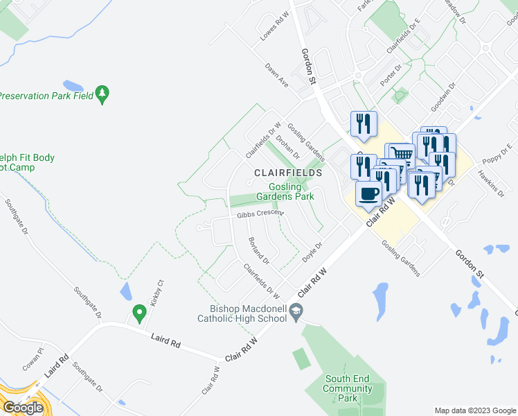 map of restaurants, bars, coffee shops, grocery stores, and more near 23 Gibbs Crescent in Guelph