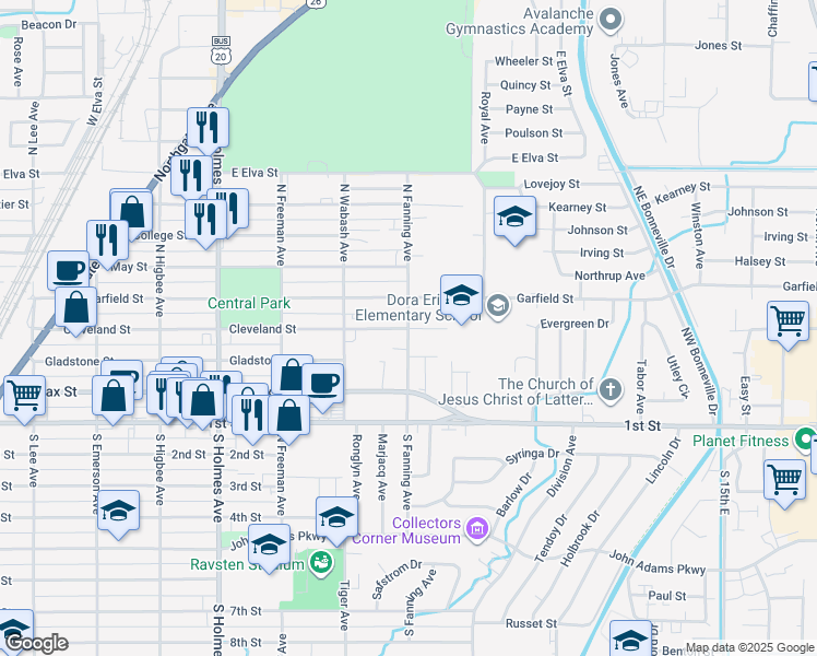 map of restaurants, bars, coffee shops, grocery stores, and more near 370 North Fanning Avenue in Idaho Falls