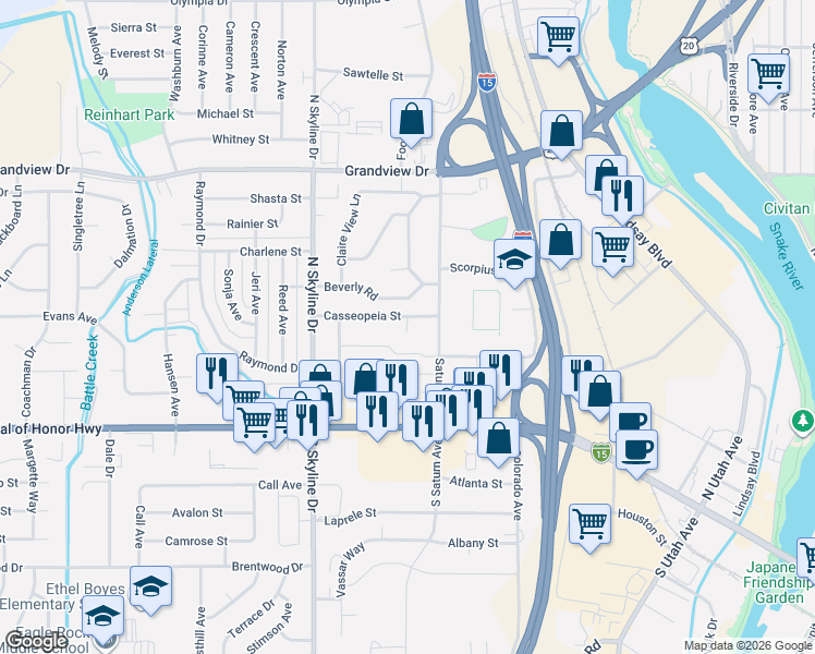 map of restaurants, bars, coffee shops, grocery stores, and more near 1515 Cassiopeia Street in Idaho Falls