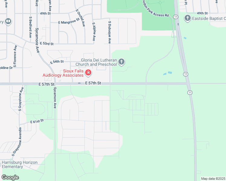 map of restaurants, bars, coffee shops, grocery stores, and more near 47739 East 57th Street in Sioux Falls