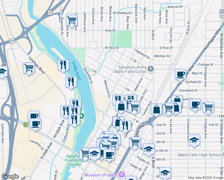 map of restaurants, bars, coffee shops, grocery stores, and more near 608 H Street in Idaho Falls