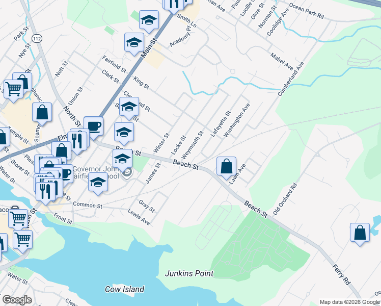 map of restaurants, bars, coffee shops, grocery stores, and more near 15 Weymouth Street in Saco