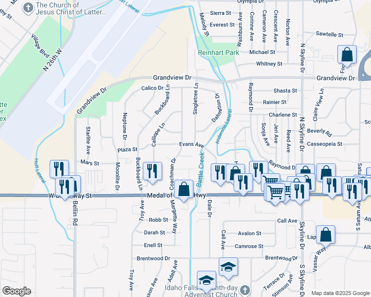 map of restaurants, bars, coffee shops, grocery stores, and more near 2123 Evans Avenue in Idaho Falls